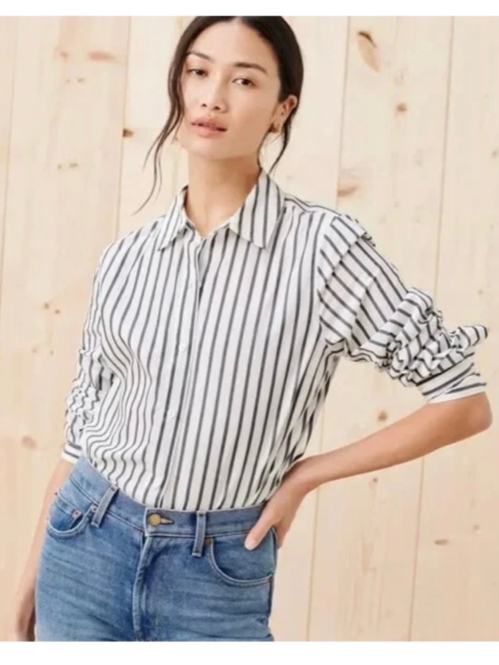 JENNI KAYNE Navy Blue Stripe Classic Relax Boyfriend Button Down Cotton Shirt S
